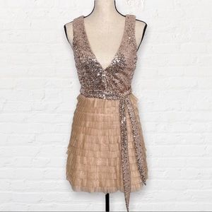 Badgley Mischka Sequin Ruffle Champagne Party Cocktail Dress Mark & James Size 6